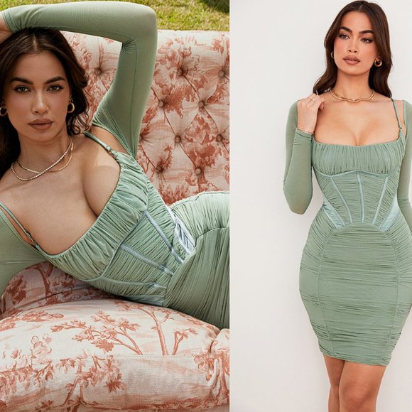 House of CB ‘Freyja’ Green Gathered Corset Midi Dress NWOT - Picture 4 of 14